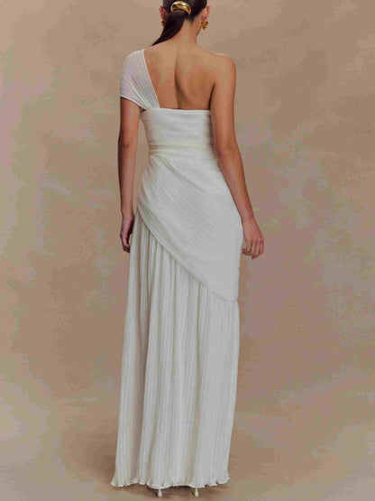 Off-shoulder Pleated Slit Maxi Dress