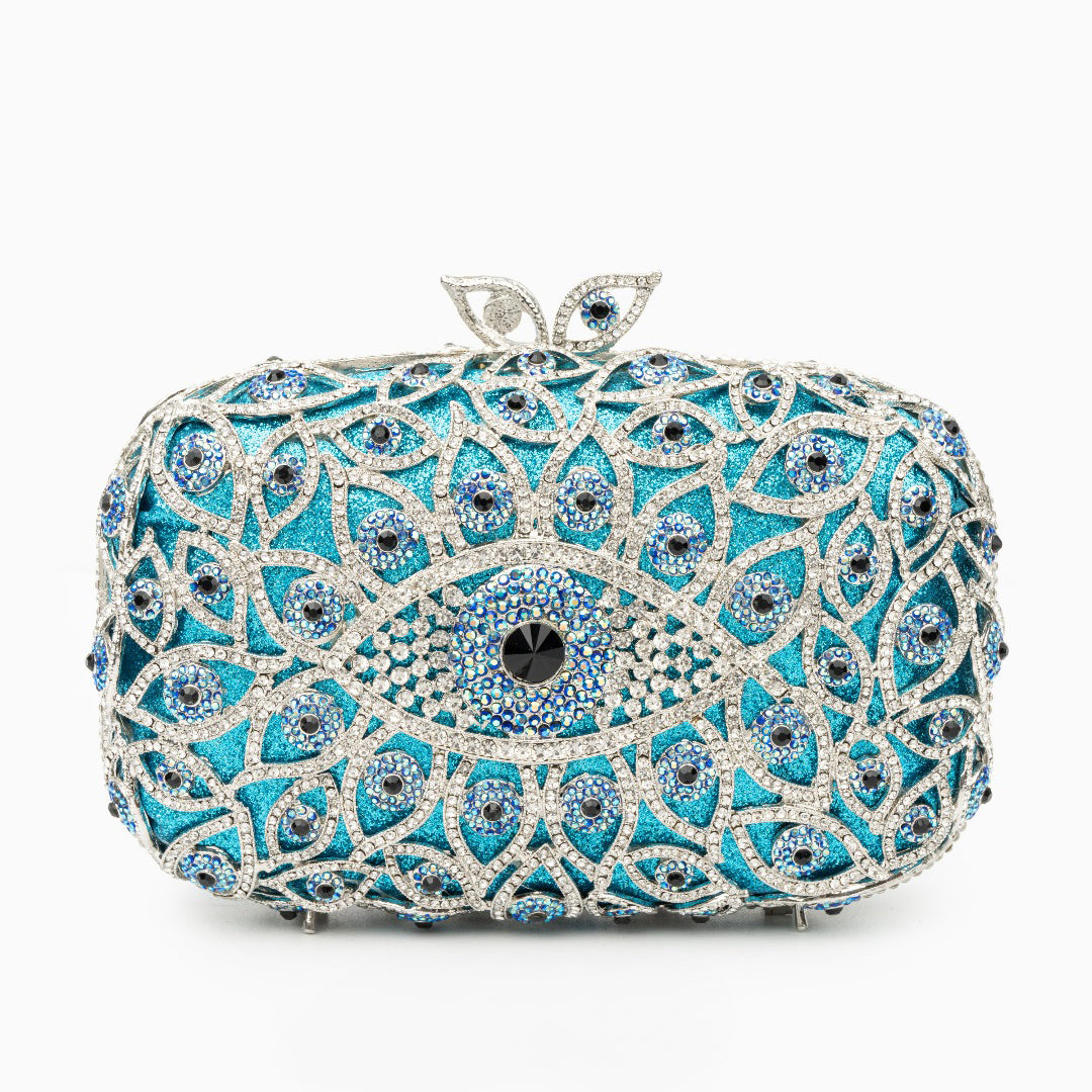 Sky Blue Evil Eye Crystal Clutch Bag