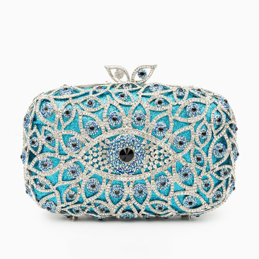 Sky Blue Evil Eye Crystal Clutch Bag