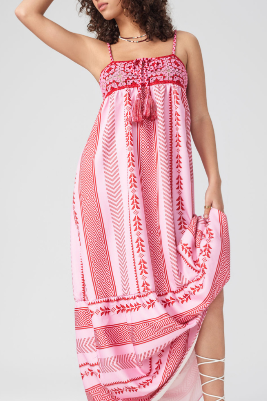 Geometric Embroidery Spaghetti Strap Lace-Up Back Maxi Dress