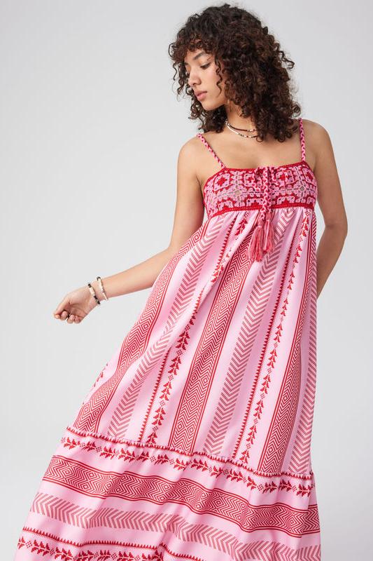 Geometric Embroidery Spaghetti Strap Lace-Up Back Maxi Dress