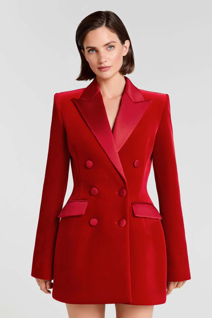 Exquisite Deep Red Double-Breasted Velvet Blazer Mini Dress