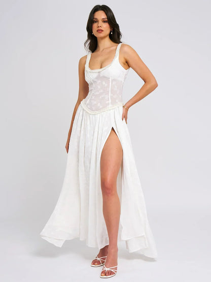 Sweetheart Ruffle Trim Corset Pleated High Slit Abstract Print Maxi Dress