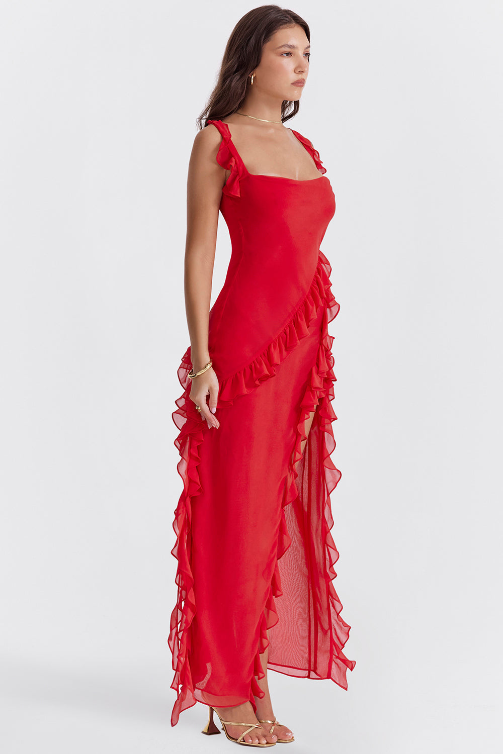 Square Neck Cap Sleeve Cascading Ruffle Trim High Slit Maxi Gown