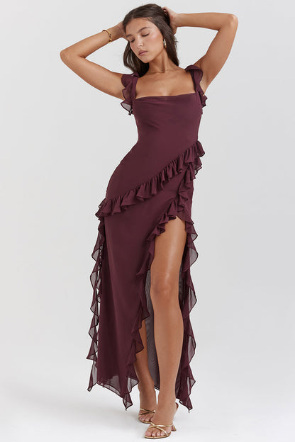 Square Neck Cap Sleeve Cascading Ruffle Trim High Slit Maxi Gown