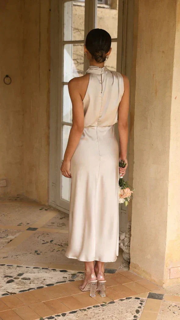 Cowl Neck Draped Satin Bias Cut Midi Dress