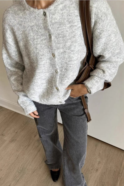 Grey Wool Shell Button Knit Cardigan