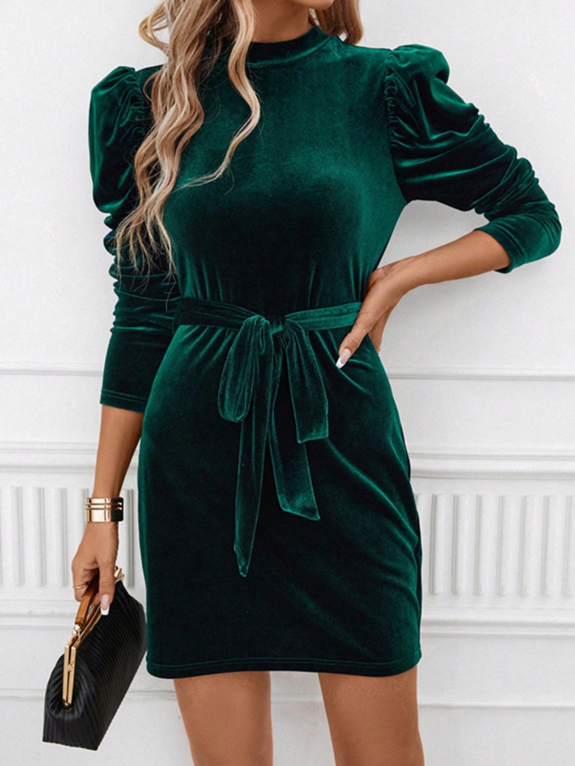 Velvet Mock Neck Puff Sleeve Tie-Waist Belted Mini Dress