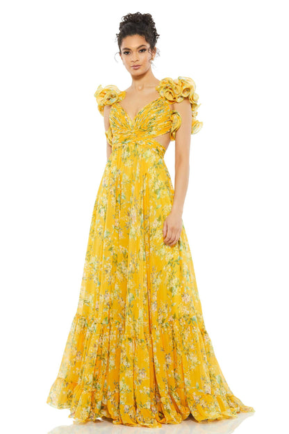 Floral V-Neck Cut-Out Backless Ruffle Hem Maxi Dress Yellow