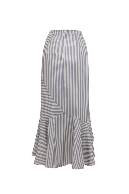 Tierra Striped V-neck Batwing Sleeve Loose Shirt and High Waist Irregular Fishtail Hem Midi Skirt Set