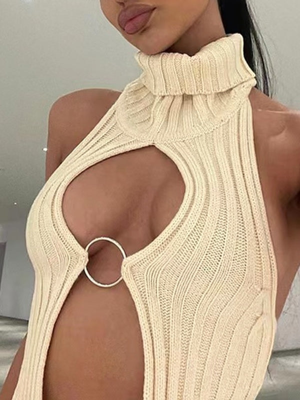 Cutout Metal Ring Slit Backless Knit Tank Top