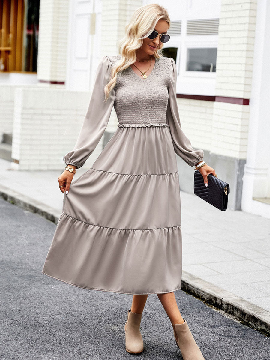 Midi Dresses V-Neck Long Sleeves Pleated Layered Chic Fit And Flare Dress
