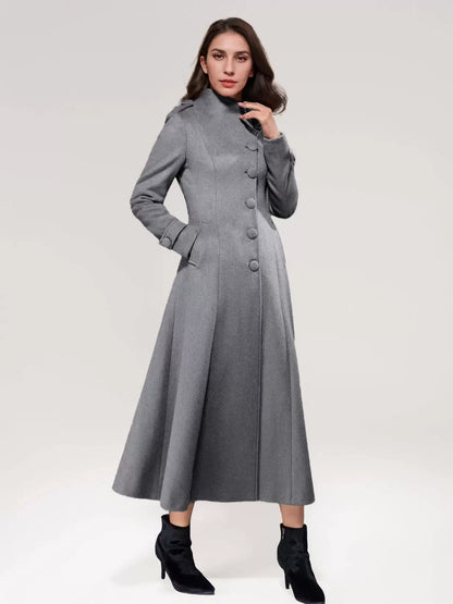 Wool Blend Long Coat A-line Flared Stand Collar Elegant Gray Vintage Winter Outerwear For Women 2026