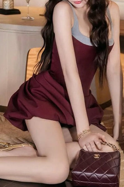 Spaghetti Strap Corset Bodice Draped Bubble Hem Mini Dress