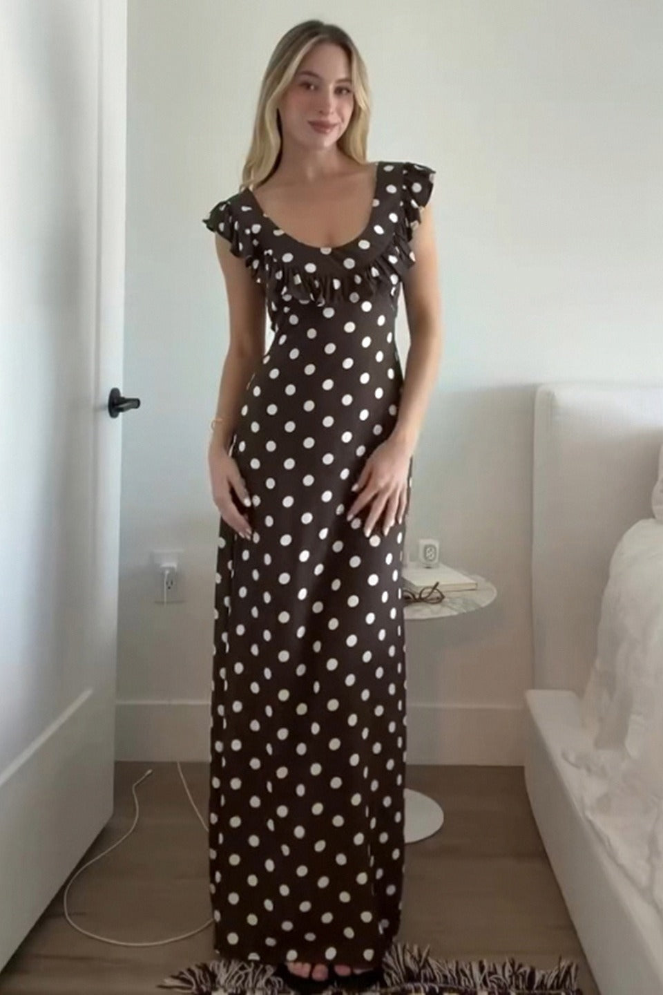Polka Dot Ruffle Trim Scoop Neck Cap Sleeve Bodycon Maxi Dress