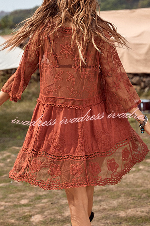 Lace V Neck Hollow Short Sleeved Cover Up