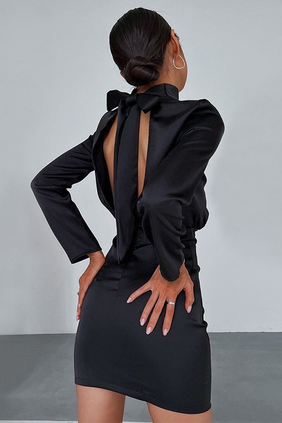Mock Neck Long Sleeve Waist Cinched Satin Bodycon Mini Dress