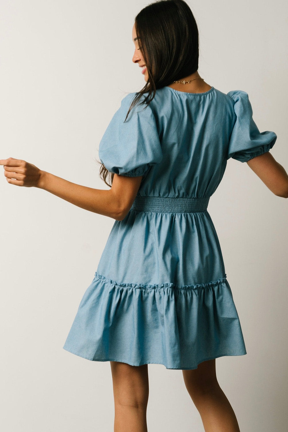 Sky Blue V Neck Bubble Sleeve Ruffle Flared Mini Dress