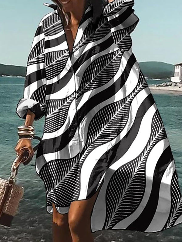 High-Low Long Sleeves Buttoned Split-Side Striped Lapel Dresses Midi Dresses Shirt Dress
