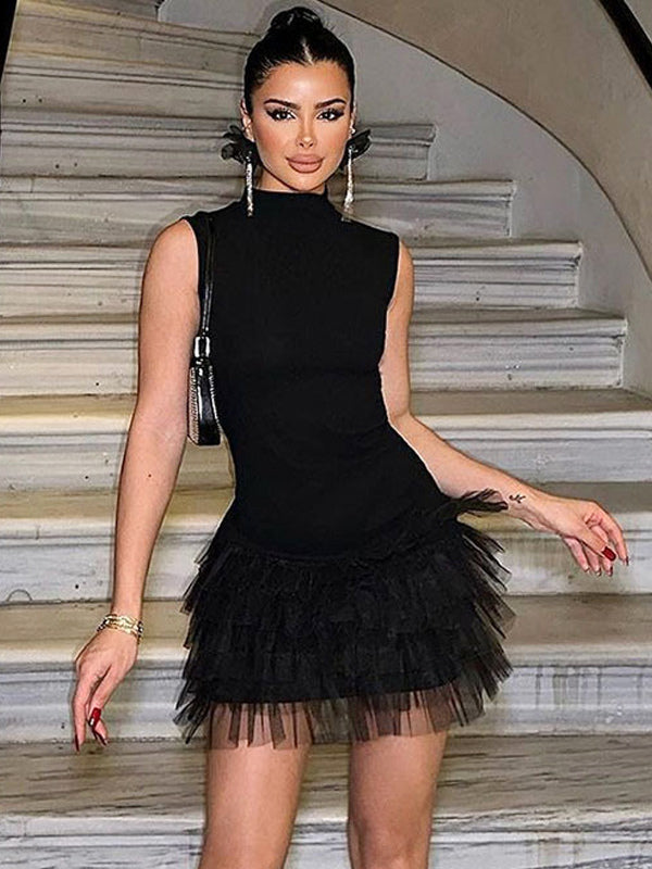 Summer Dress Mini Dresses Black High Collar Ruffles Organza Beach Dress
