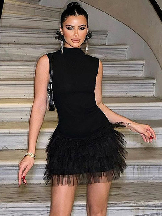 Summer Dress Mini Dresses Black High Collar Ruffles Organza Beach Dress