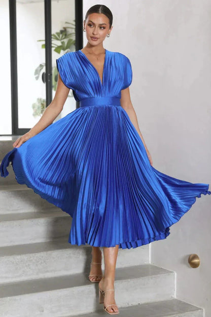 Satin Accordion Pleat Cap Sleeve Deep V-Back Tie Neck Midi Dress
