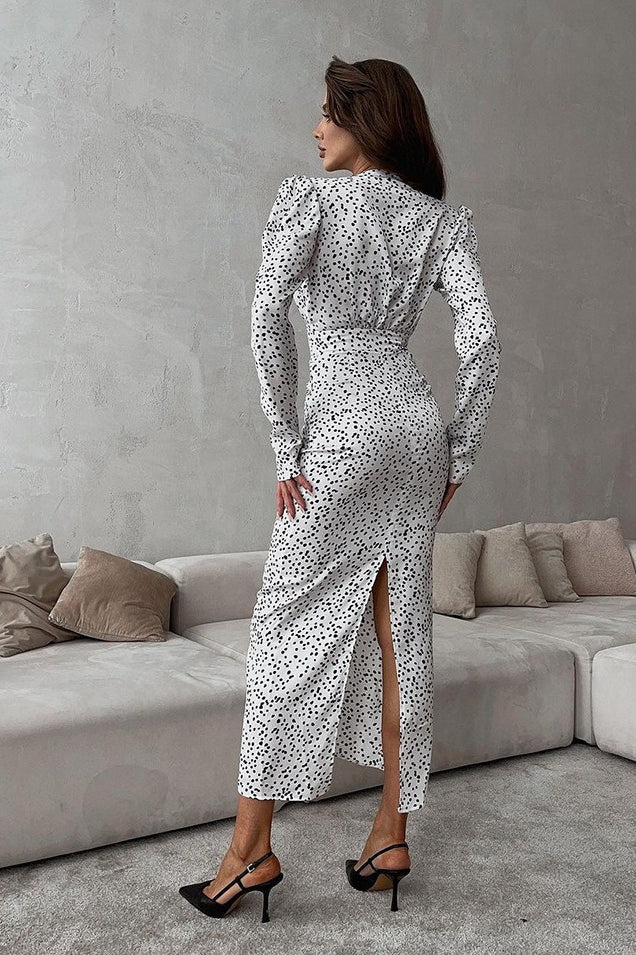 Polka Dot Print Rosette Neck Ruched Front Puff Shoulder Long Sleeve Midi Dress