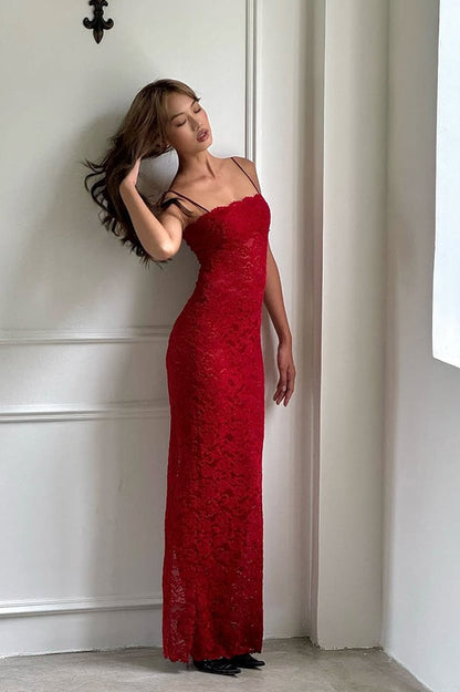 Spaghetti Strap Scalloped Lace Overlay Bodycon Maxi Dress