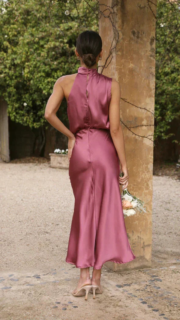 Cowl Neck Draped Satin Bias Cut Midi Dress