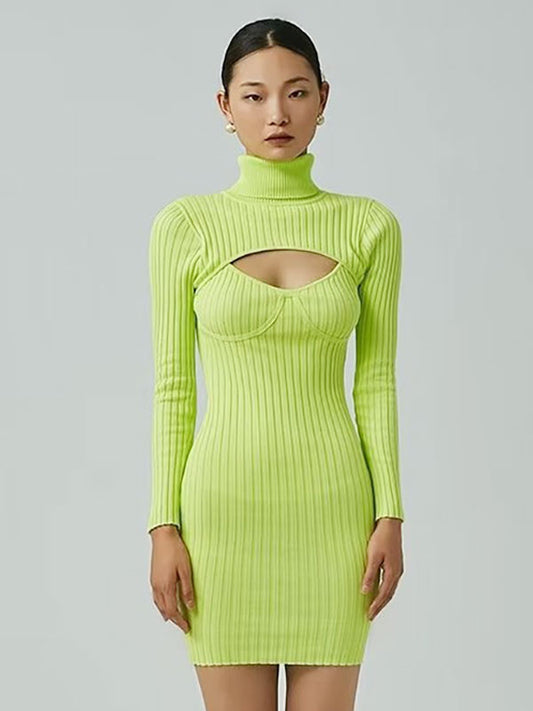Sexy Sweater Dress Polo Neck Long Sleeves Cut Out Bodycon Mini Dresses