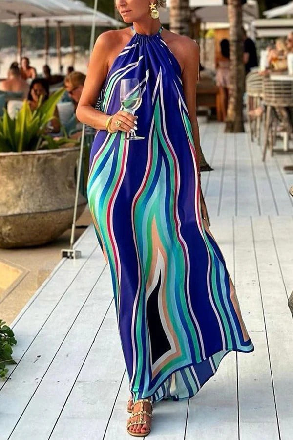 Graphic Wave Print Halter Neck Gathered Throat Flowy Maxi Dress