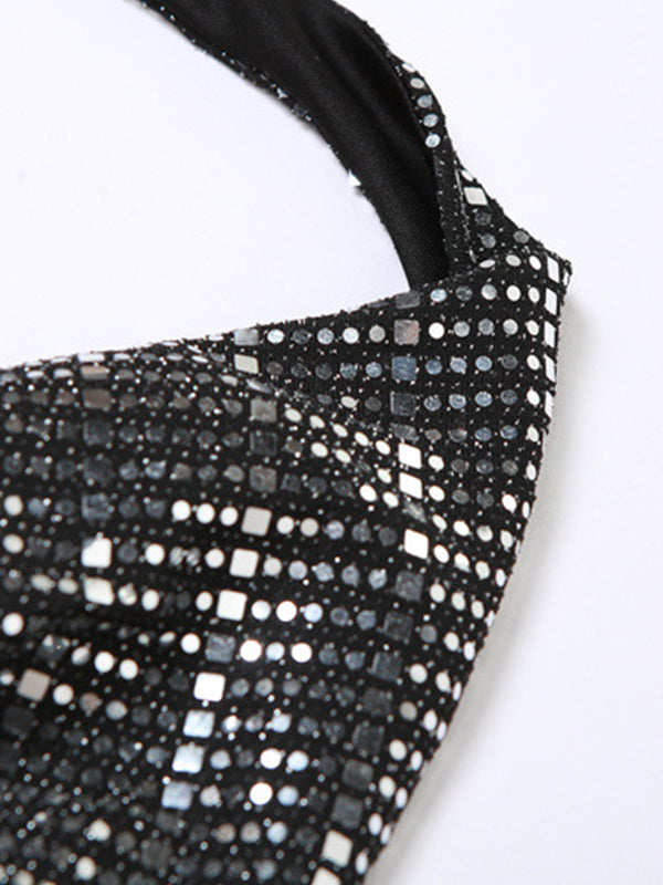 Sequin Stacked Neck Backless Halter Vest