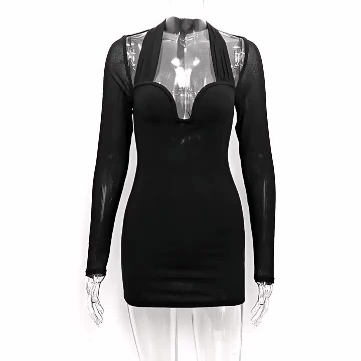 Bodycon Dress Halter Designed Neckline Ilusion Sleeves Nightout Coachella Mini Dresses