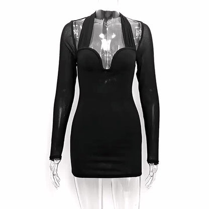 Bodycon Dress Halter Designed Neckline Ilusion Sleeves Nightout Coachella Mini Dresses