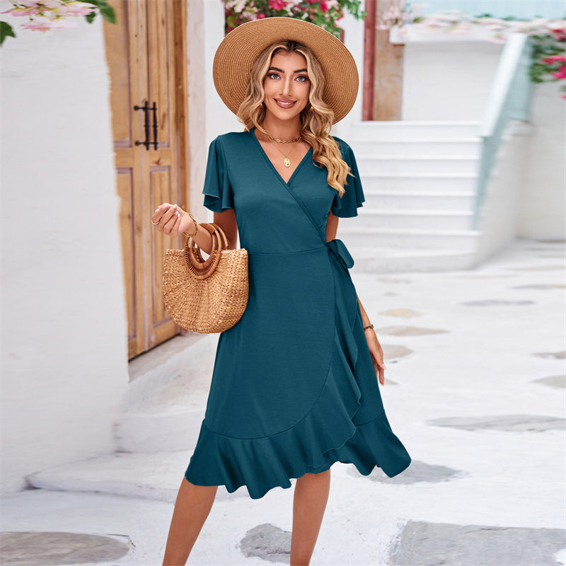 V-Neck Short Sleeve Irregular Midi Dress in Various Colors