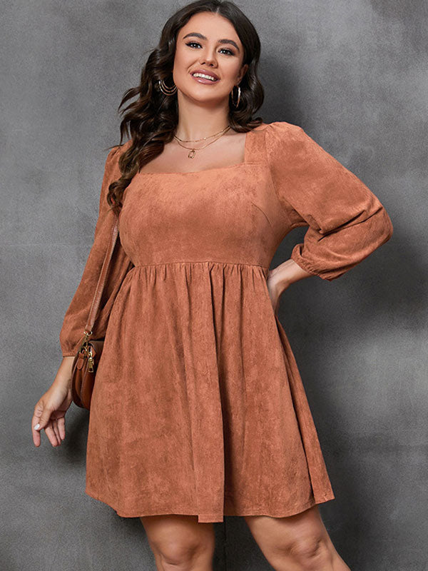 Plus Size Mini Dress Square Neck Backless Day Dresses In Dark Brown