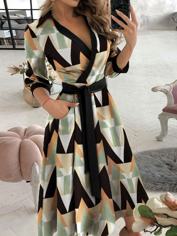 Maxi Dresses Long Sleeves Red Animal Print V-Neck Lace up Maxi Layered   Long Dress