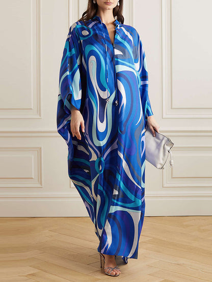 Batwing Sleeves Loose Printed Split-Joint Stand Collar Maxi Dresses