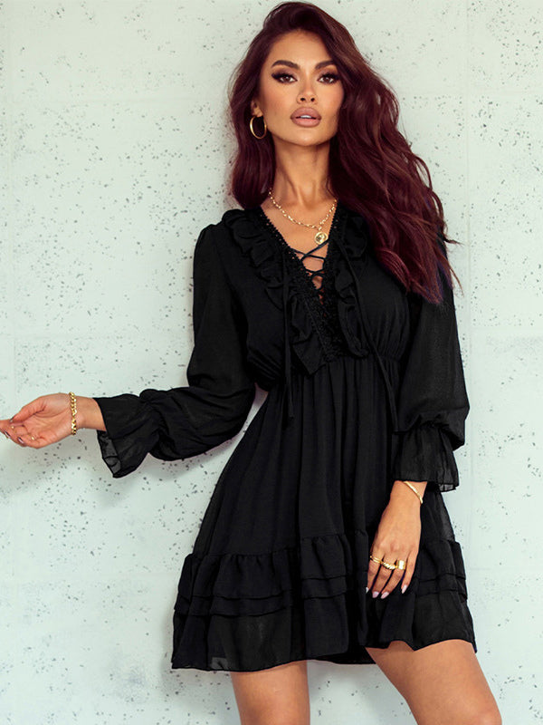 Shirt Dresses Black V-Neck Lace Long Sleeves Polyester Dresses Mini Dresses