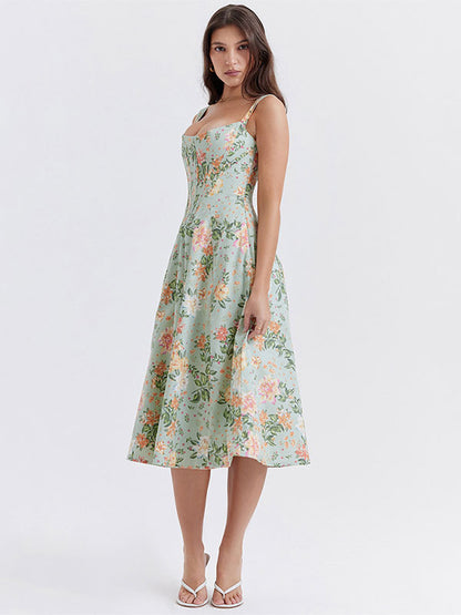 Floral Midi Dresses Backless Split Front U-Neck Sleeveless Lace-up Side Slit Chic Dress