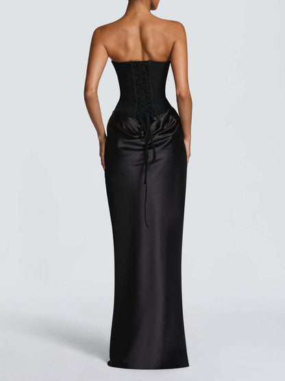 Satin Tie Ribbon Off-shoulder Sexy Strapless Bodycon Maxi Dress With Cinched Waist