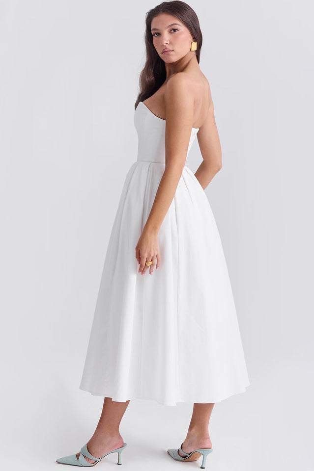 Strapless Princess Seam Pleated A-Line Midi Dress