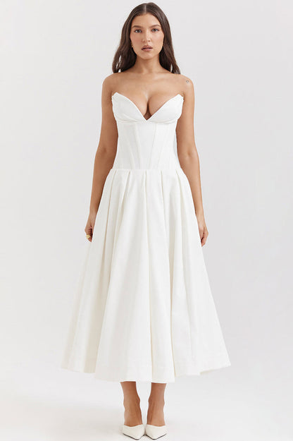 Strapless Deep Plunge Corset Boned Pleated A-Line Midi Dress