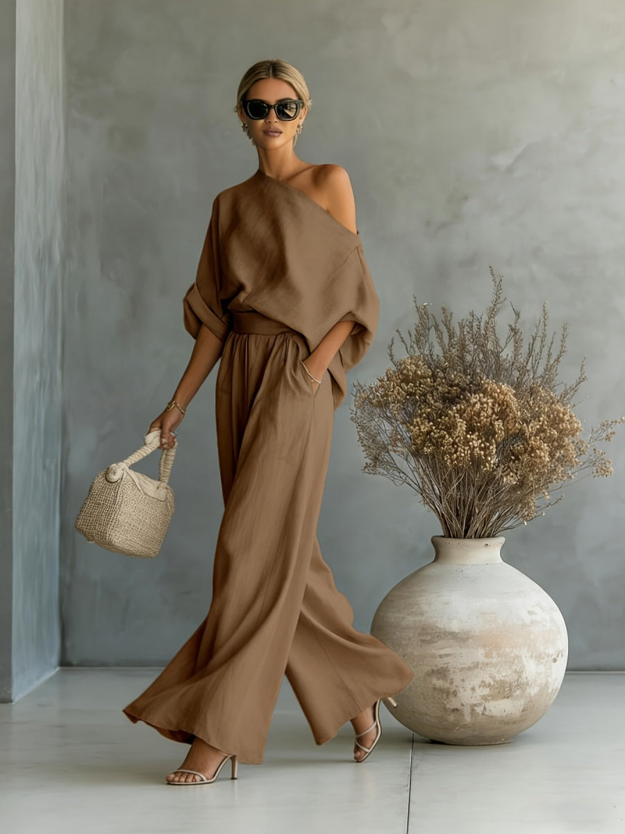 Loose-fit Off-shoulder Jacket Wide-leg Pants Set 2-piece Sets