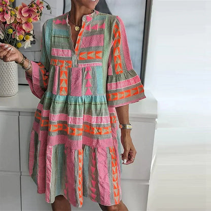 Geometric Print Mandarin Collar V-Neck Bell Sleeve Tiered Smock Mini Dress