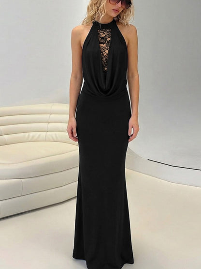 Halter Hollow Splicing Lace Sexy Slit Maxi Dresses