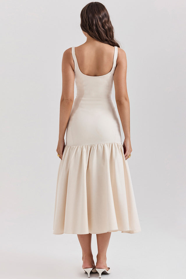 Scoop Neck Princess Seam Dropped Waist Flared Trumpet Midi Dress