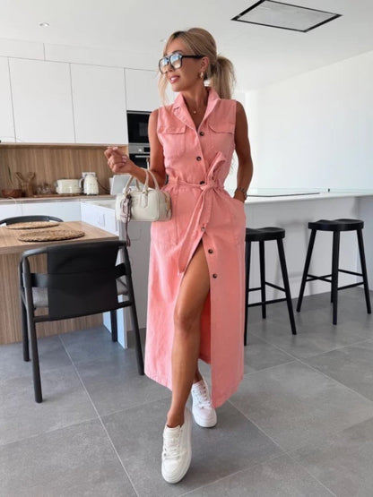 Sleeveless Tie-waist Single-breasted Denim Maxi Dress