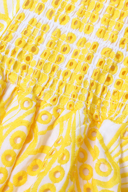 Eyelet Embroidery Spaghetti Strap Smocked Tiered Ruffle Hem Maxi Dress