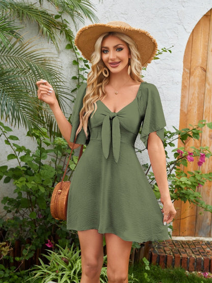 V-neck Bow Tie Short-sleeved Mini Dress